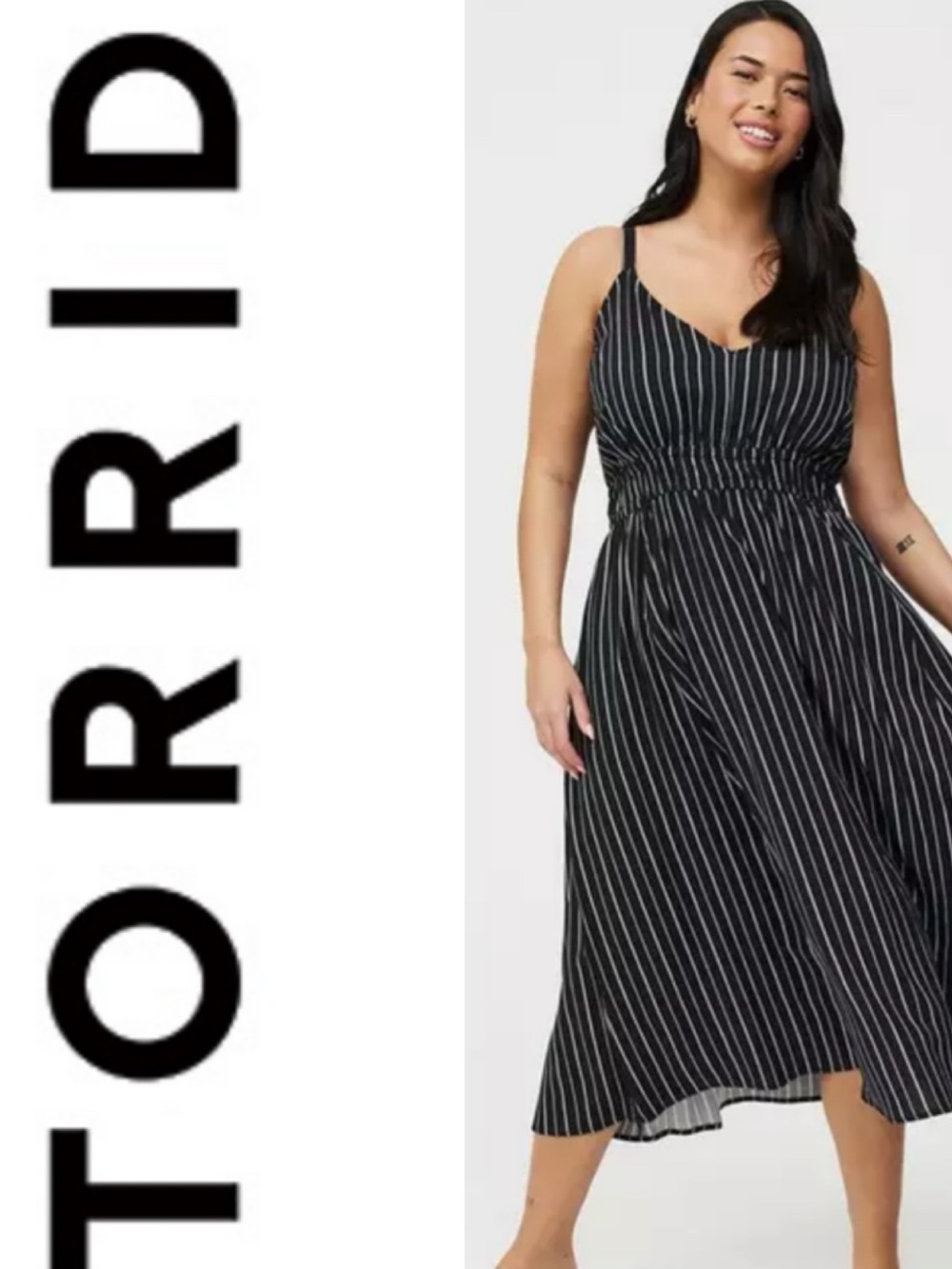 TORRID Women’s Sleeveless Midi V-Neck Dress Black White Stripe Size 1